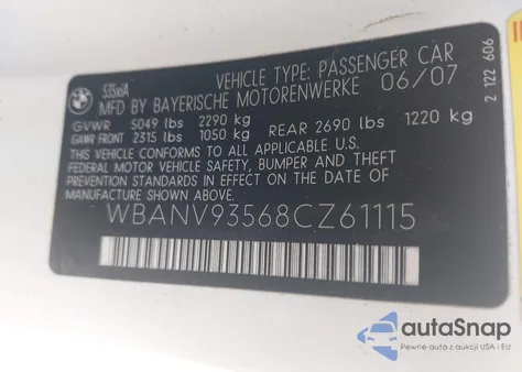2008 BMW 535Xi from USA, damaged, VIN WBANV93568CZ61115